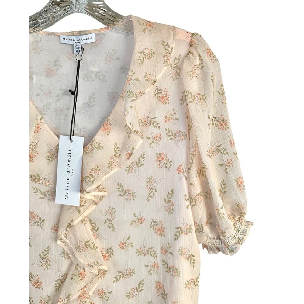 Maison d'Amelie Women's Ruffle Blouse Short Puff Sleeve Sheer Sz S Beige Printed - Picture 4 of 8